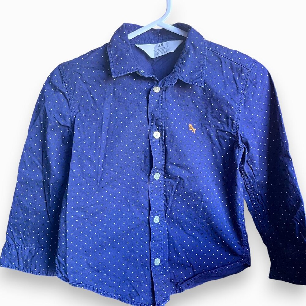 H&M Boys Dress Shirt | Navy Polka Dot Button-Up | Size 4Y